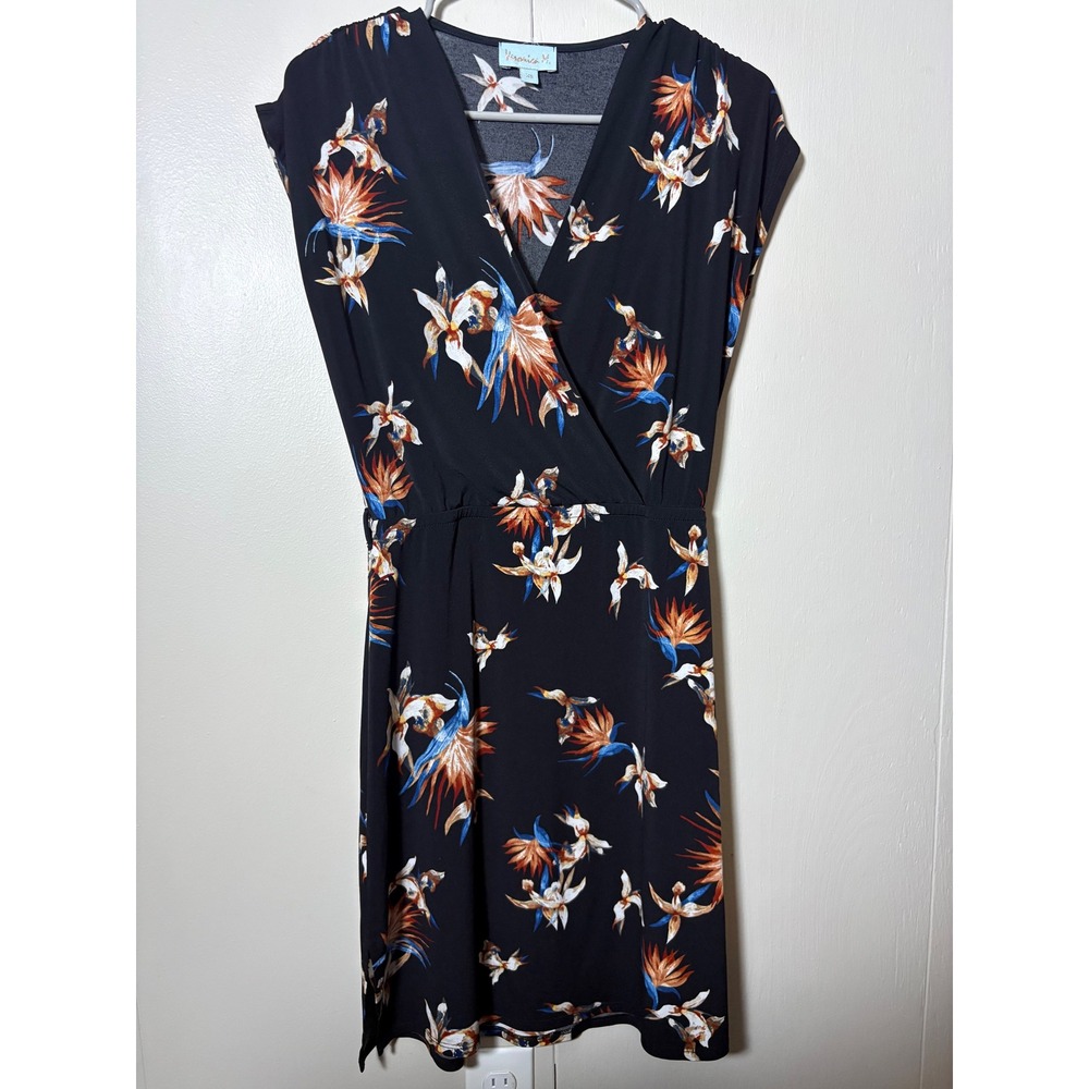 Veronica M Tropical Floral Faux Wrap Dress Black Bird of Paradise XS Resort